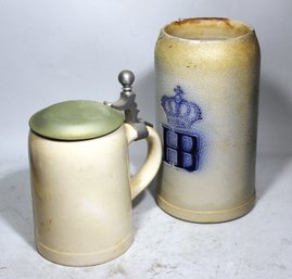 Two Vintage German Open And Pewter Topped Steins On Having Advertising