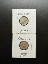 2 Silver Roosevelt Dimes 1964, 1964-D