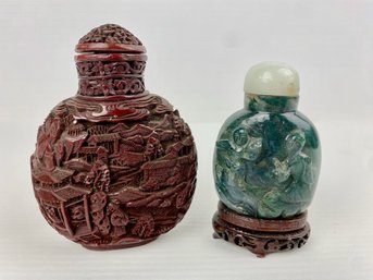 Carved Chinese Snuff Bottles: Cinnabar And Jade (2)