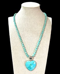 Beautiful DTR Sterling Silver Large Turquoise Heart Pendant On Faceted Beaded Necklace