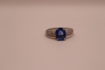 925 Sterling Silver With Blue Center Stone And Clear Stones 'STS' Chuck Clemency Ring Size 11