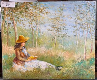 Oil On Canvas Of Girl Reading Signed L. Fleming