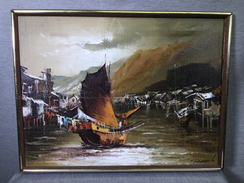 Vintage Oil On Canvas - Chinese Boats - Signed Roberts ? Roberto ? - Original Frame - Very Nice Painting