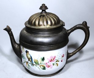 Antique Victorian Enamel And Nickel Plated Teapot Having Bird