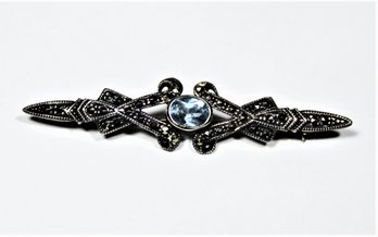 Sterling Silver Blue Topaz Marcasite Large Bar Pin Brooch