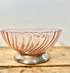 Vintage 1960's Rosaline Pink Glass/silver Plate Salad Bowl
