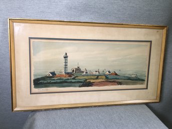 Antique Watercolor Painting Of Lighthouse - Signed Illegibly - Large Piece 33' X 18' Foutenay ? Foubenay ?