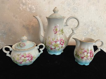 Beautiful Floral Porcelain Teapot, Sugar Bowl & Milk Pitcher