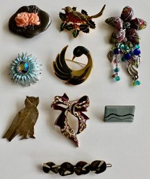 9 VIntage Pins: Sterling Silver Owl, Weiss, Caro & More