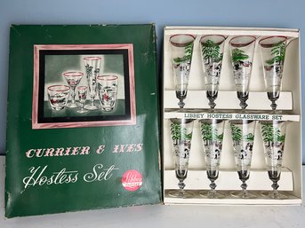 Like-New Vintage Libbey Currier & Ives Hostess Set Of 8 Pilsner Glasses