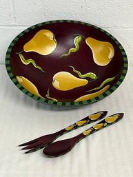 Pear Themed Sherwood Forest Design New York Hand Painted Salad Bowl & Serving Set