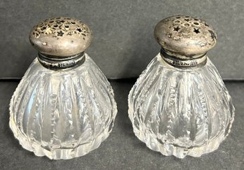 Pair Of Vintage Sterling Silver & Cut Glass Salt & Pepper Shakers