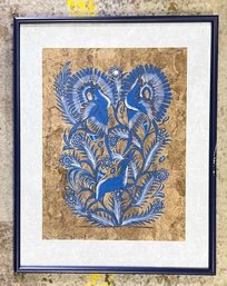 Hand Painted Folk Art Blue And White Birds, Deer And Flowers On Bark Paper- Professionally Framed And Matted