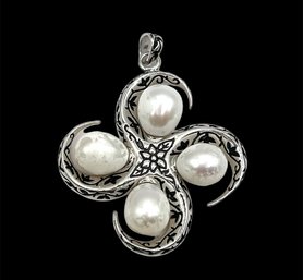 Beautiful Large Sterling Silver Pearl Style Beaded Floral Etched Pendant