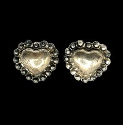 Vintage Mexican Solid Sterling Silver Ornate Heart Clip On Earrings