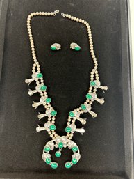 Sterling Squash Blossom Malachite Necklace Signed