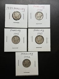 5 Mercury Dimes 1935, 1942, 1943, 1944, 1945