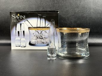 A Seven-Piece Vodka Shooter Set By Savini With 24K Gold Rim, New/Old Stock In Original Box