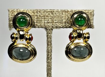 Fine 1980s Vintage Designer Gold Tone Cabochon Glass Stones Earrings Ear Clips