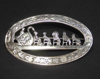 LARGE STERLING SILVER OVAL BROOCH BOSTON SWAN BOAT