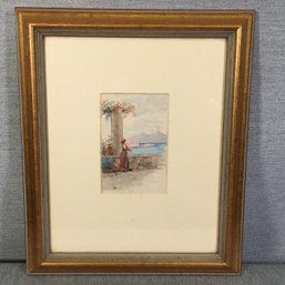 Beautiful Antique Watercolor - Woman Looking At Ocean - Illegible Signature - Original Frame And Mounting