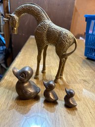 Solid Brass Giraffe And 3 Weighted Brass Ducks