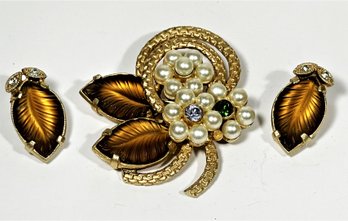 Vintage Gold Tone Faux Pearl Frosted Amber Colored Glass Leaf Stones Brooch And Earrings