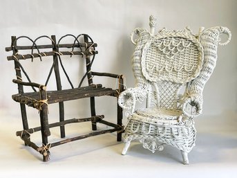 MIniature Wicker Chair And Branch Bench, Doll Furniture