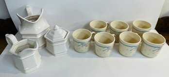 Haegar Pitcher, Creamer And Sugar Along With 7 Corning Mugs