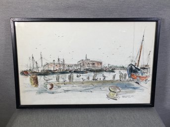 Great Vintage Watercolor Painting - HAROLD RADGIFF - Gloucester, MA - 9/68 - With His Business Card On Back