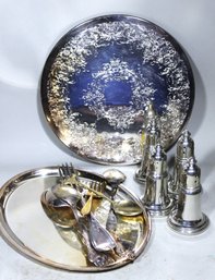 Lot Of Silver Plate And Pewter, Salt Pepper Shakers, Silver Plate Trays And Untensils