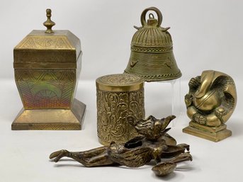 Flying Garuda Figurine, Seated Ganesh Statue, Altar Sanctuary Bell And Two Lidded Brass Tone Storage Boxes