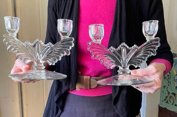 Pair Of Vintage Pressed Glass Double Candlesticks - Circa 1930s