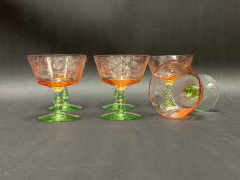 A Striking Set Of Six Pink & Green Etched Sherbets