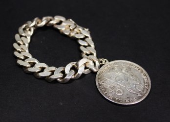 VERY HEAVY VINTAGE STERLING SILVER BRACELET AND LARGE 19TH CENTURY COIN