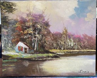 Oil On Canvas Cottage On A River Signed Lewis