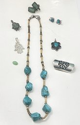 Mixed Jewelry Lot With Antique Mexican Silver Earrings, Sterling Pendant & Slide, Turquoise, Howlite & More