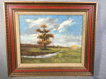 Vintage Oil On Canvas Landscape Painting Of Lone Tree - Unsigned Looking At Back Probably 1880-1900