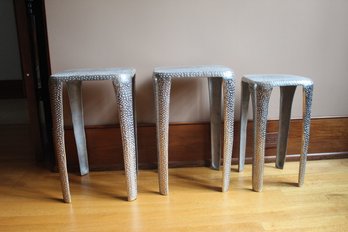 Silver Metal Hammered Side Table Trio