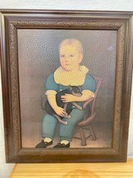 A Vintage Framed Print On Canvas Boy With Dog Folk Art