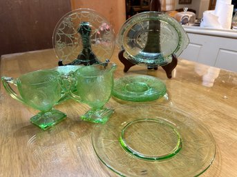 Lot Of Beautiful Green Depression Glass.