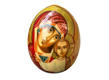 Russian Orthodox Hand Painted Wooden Egg With The Mother Of God Kazanskaya Icon