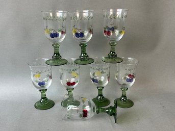 Eight Villeroy & Boch French Garden Hand Painted Glasses With Green Bases