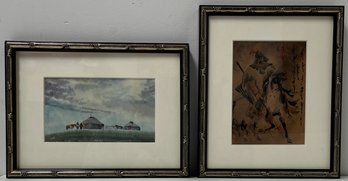 Vintage Set Small Framed Asian Art - Print Possibly Watercolors - Warrior Man & Scene - 8.75 X 9