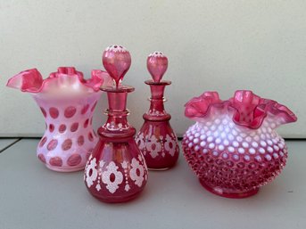 Vintage Set Of 2 Fenton Cranberry Glass Vases And 2 Cranberry Glass Decanters With Stoppers