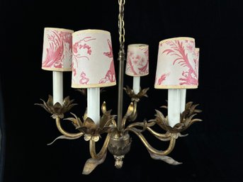 French Vintage Bronze 6-Arm Chandelier With Lampshades