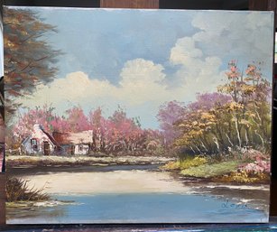 Oil On Canvas Cottage By The River Signed Lewis