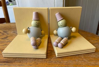 Adorable Painted Wooden Bookends With Articulated Figures By KERRI LEE