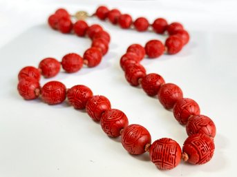 A Vintage Chinese Cinnabar Necklace With Silver Clasp