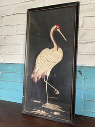 A Victorian Needlework Crane Framed